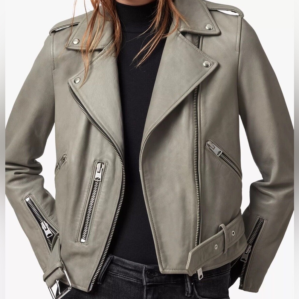 All Saints Balfern Biker Leather Jacket Sage Grey - Picture 3 of 8